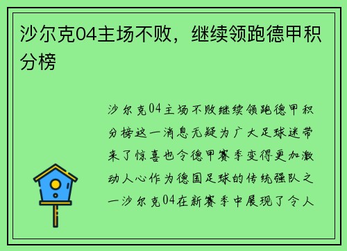 沙尔克04主场不败，继续领跑德甲积分榜