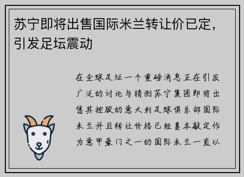 苏宁即将出售国际米兰转让价已定，引发足坛震动