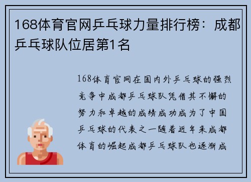 168体育官网乒乓球力量排行榜：成都乒乓球队位居第1名