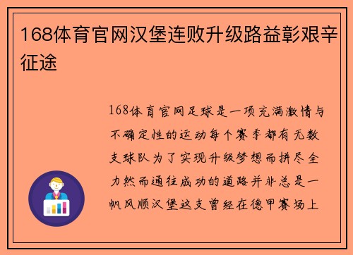 168体育官网汉堡连败升级路益彰艰辛征途